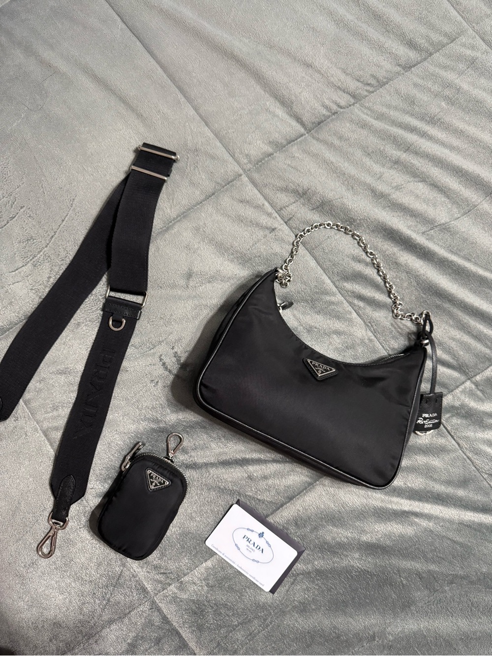 Prada Black Nylon Shoulder Bag with Silver Chain